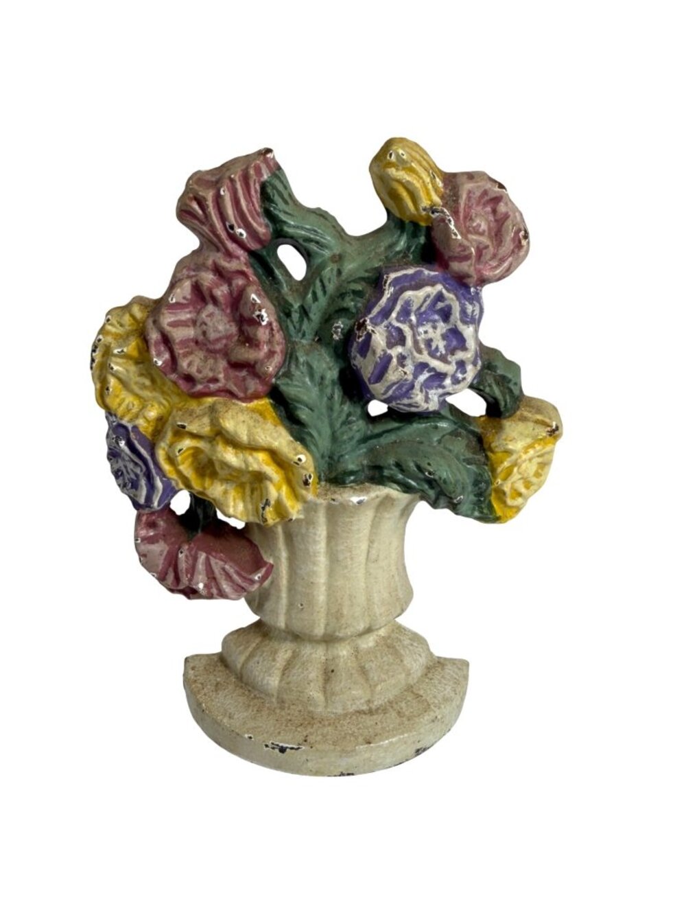 Vintage Cast Iron Floral Doorstop Hand-Painted Multicolor Bouquet Design Decor